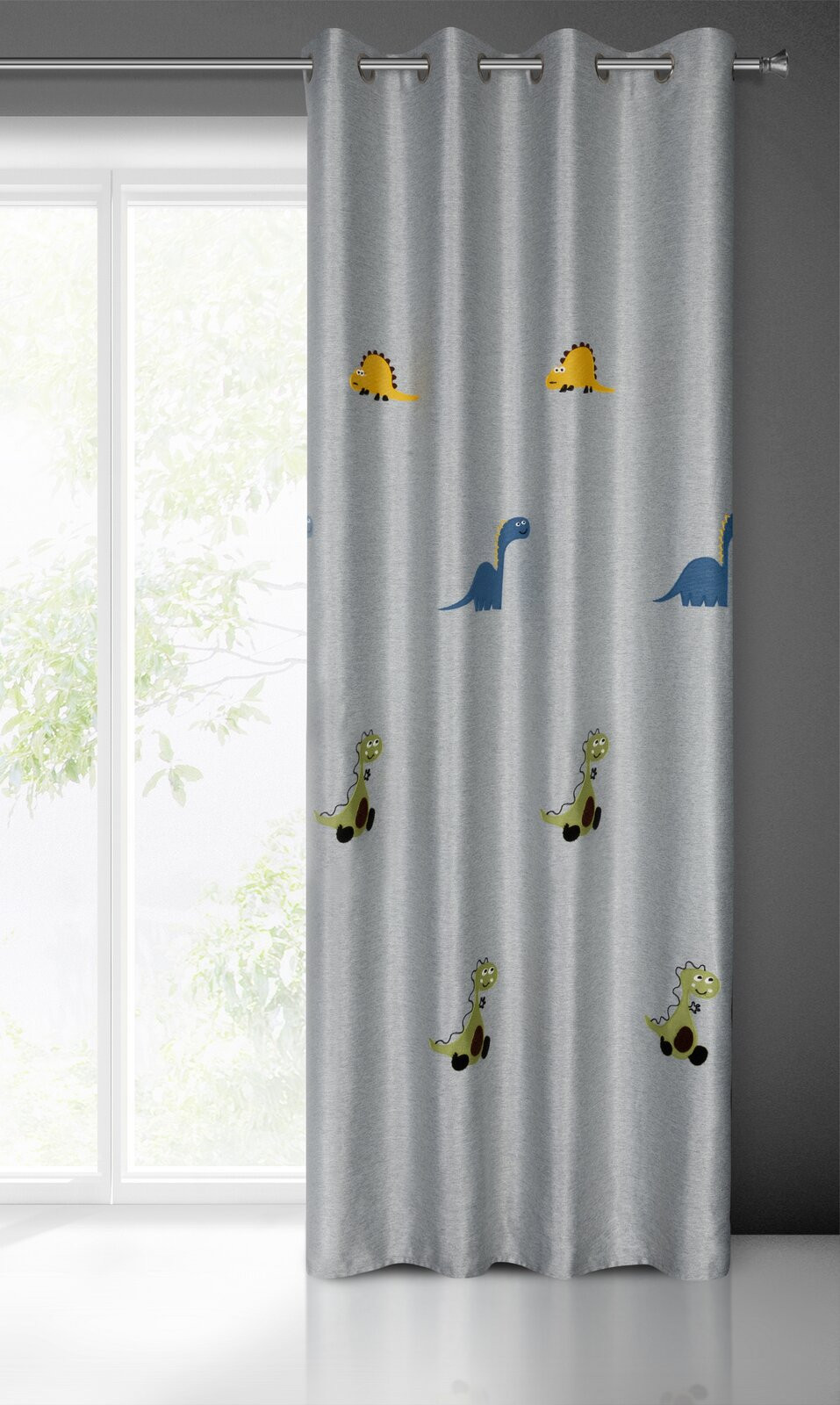 Hotový závěs DINO stříbrný - na průchodkách