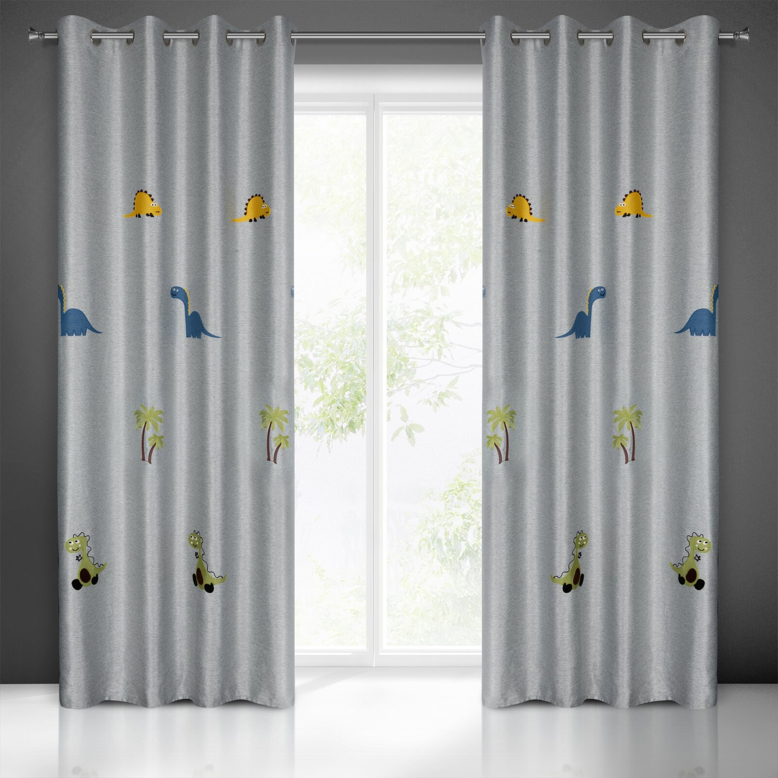 Hotový závěs DINO stříbrný - na průchodkách