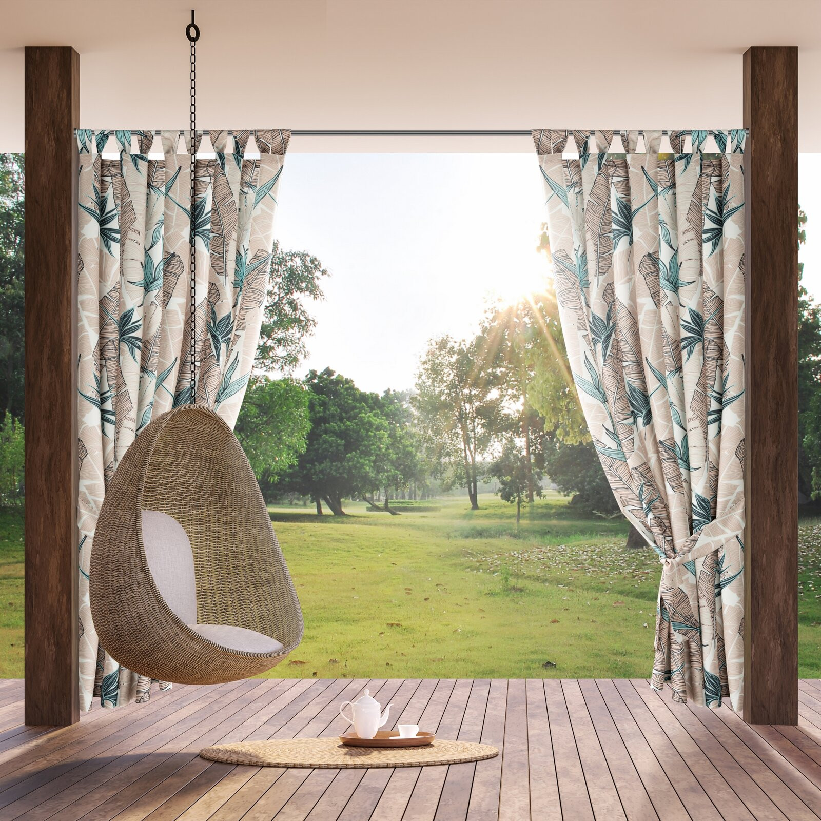 Hotový závěs GARDEN 8 béžový / zelený - na průchodkách