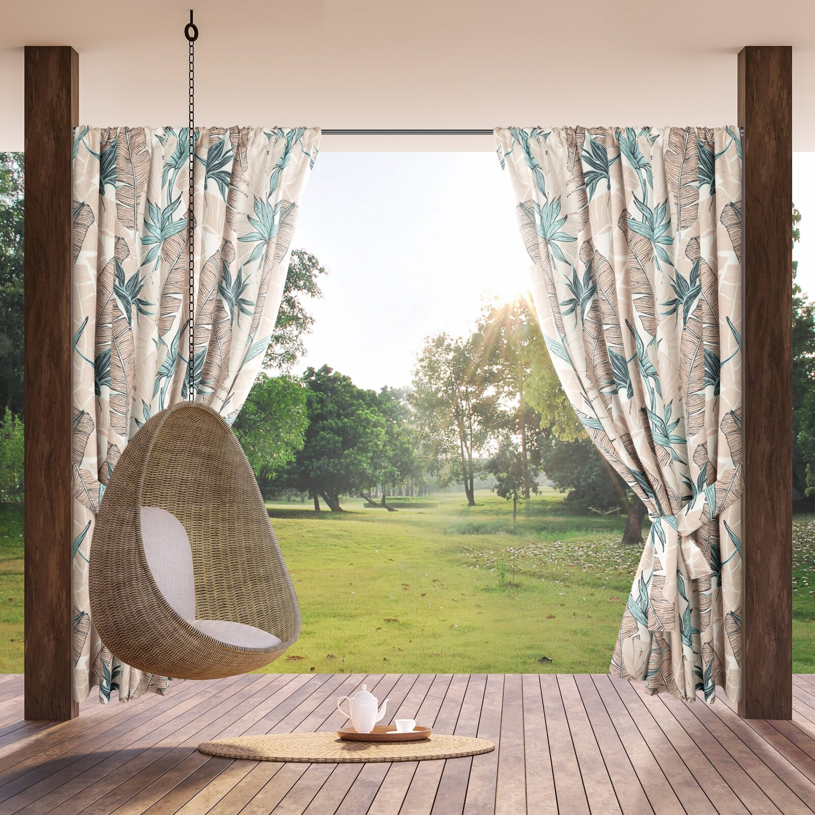 Hotový závěs GARDEN 8 béžový / zelený - s tunelem