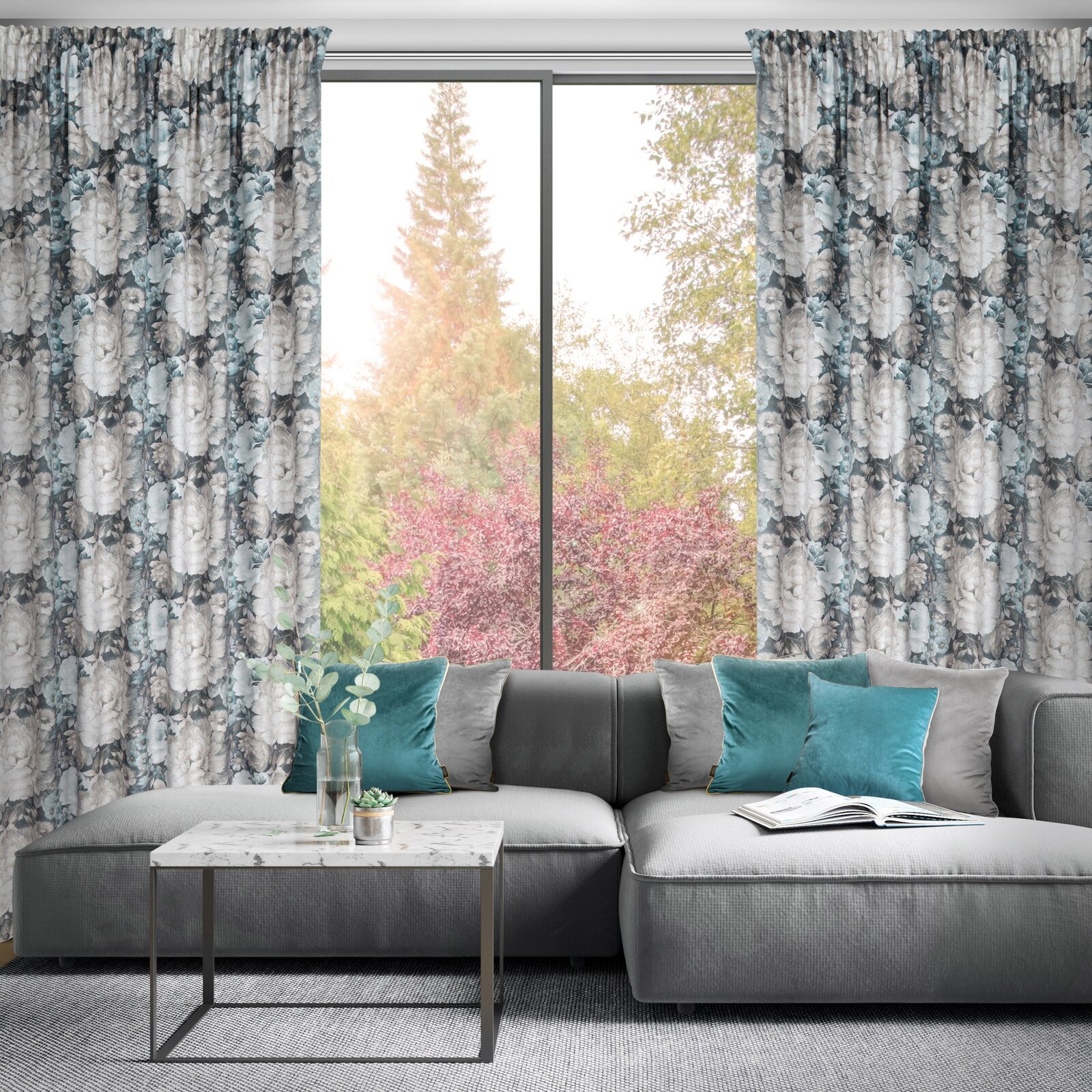 Hotový závěs LUCIA krémový/modrý - na pásce