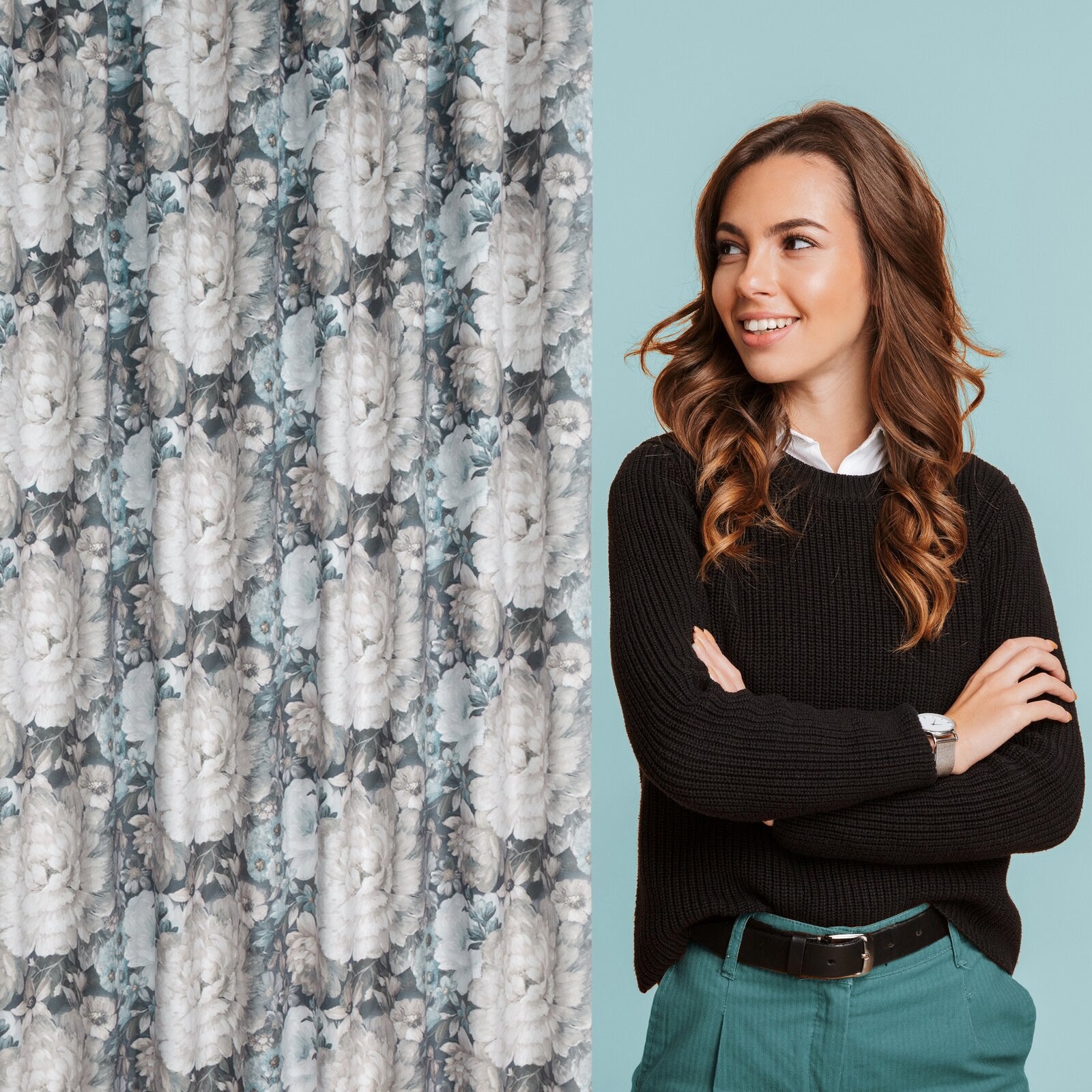 Hotový závěs LUCIA krémový/modrý - na pásce