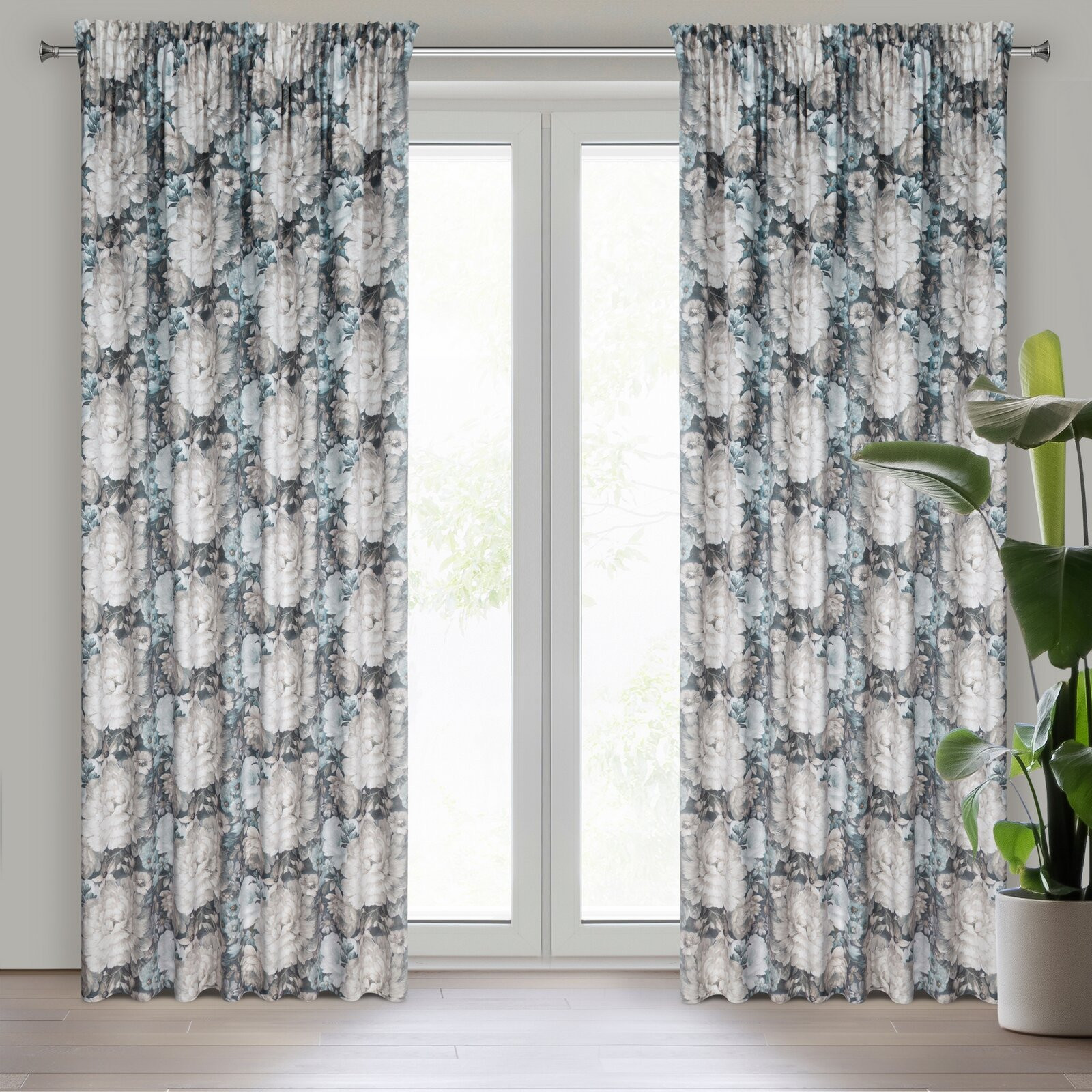 Hotový závěs LUCIA krémový/modrý - na pásce