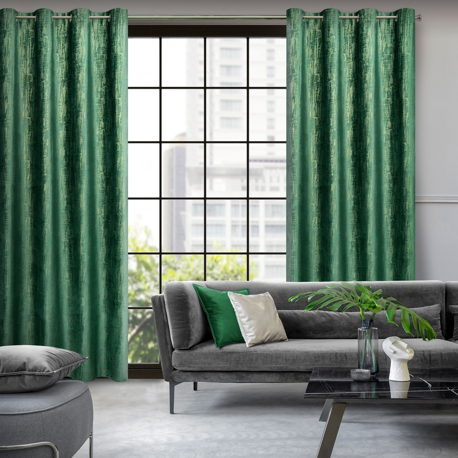 Hotový závěs MARSALA tmavě zelený / zlatý - na průchodkách