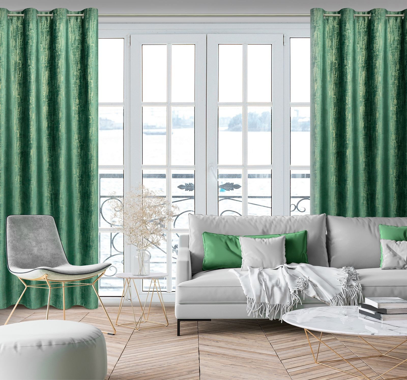 Hotový závěs MARSALA tmavě zelený / zlatý - na průchodkách