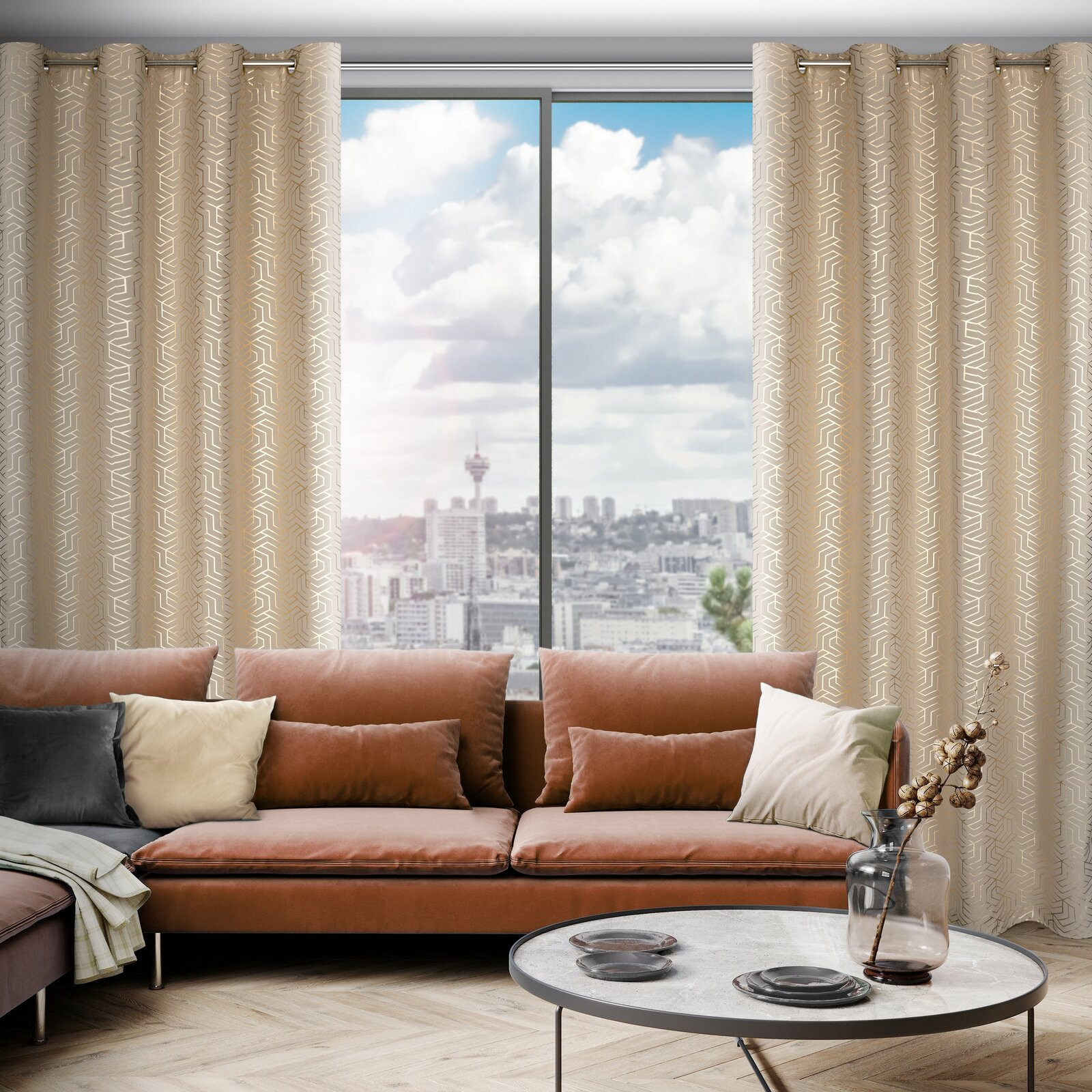 Hotový závěs SEMI cappuccino / šampaňské - na průchodkách