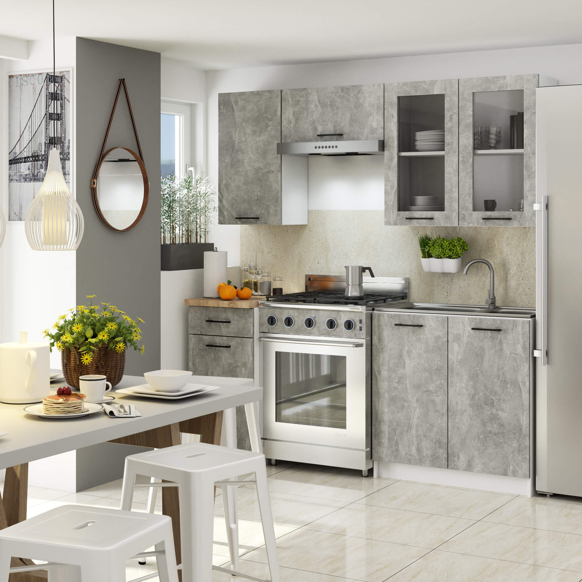 Kuchyňská linka OLIVIA H720 1.8 m s vitrínou beton