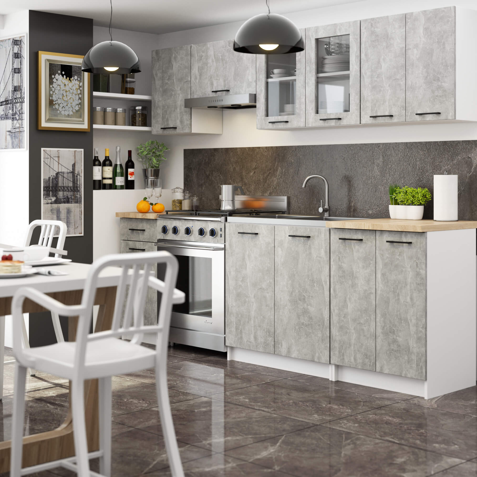 Kuchyňská linka OLIVIA 2.4 m s vitrínou beton