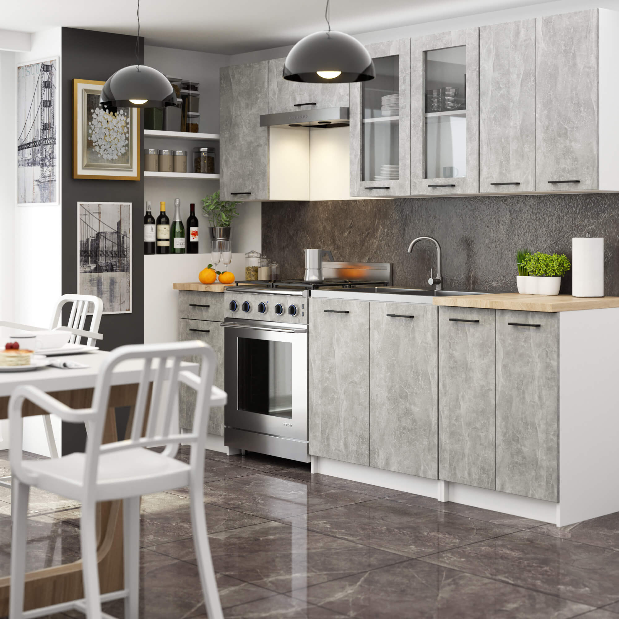 Kuchyňská linka OLIVIA V720 2.4 m s vitrínou beton