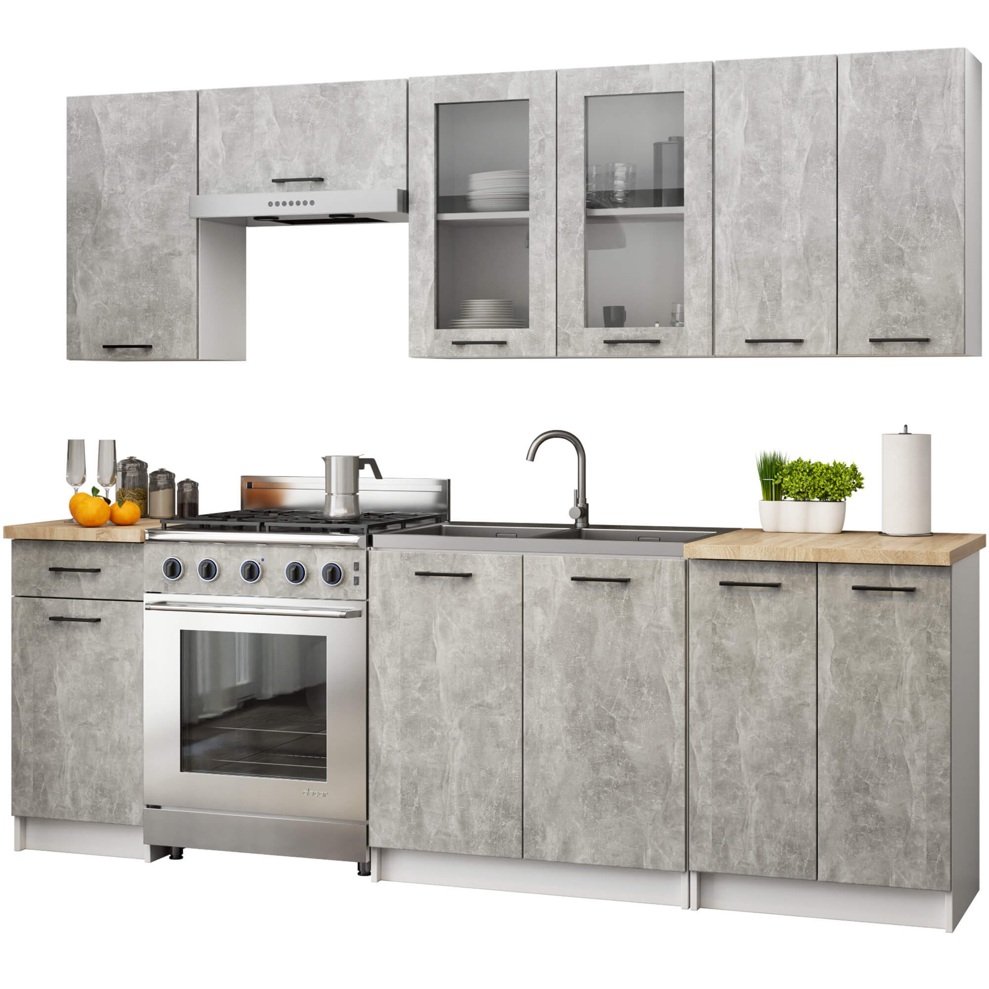 Kuchyňská linka OLIVIA V720 2.4 m s vitrínou beton