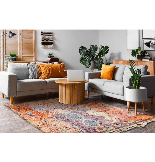 Ručně tkaný vlněný koberec BERBER BJ1020 Boujaad berber Boho, béžový / oranžový