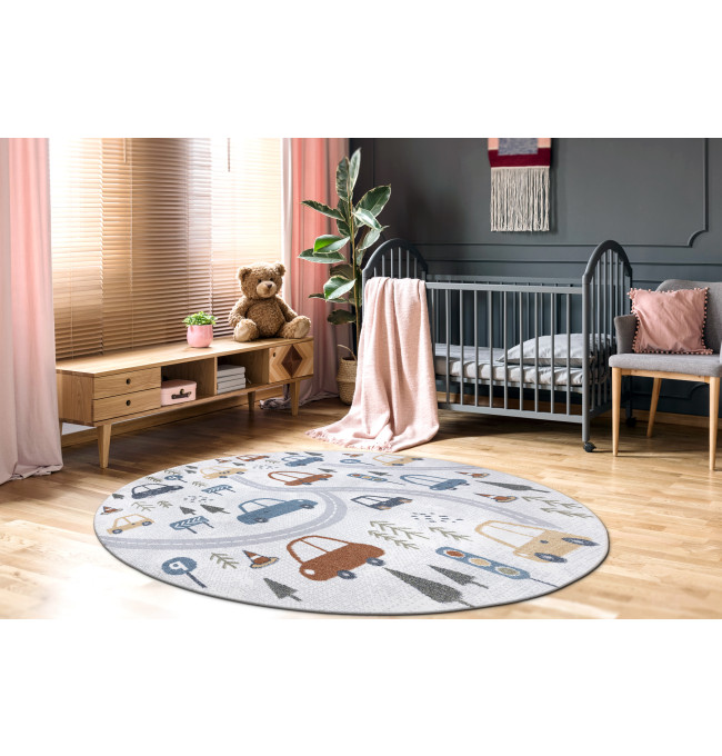 Koberec BONO 8436 auta / uličky, krémový / světle šedý, kruh