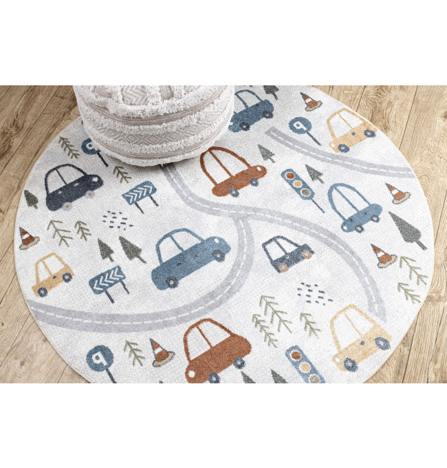 Koberec BONO 8436 auta / uličky, krémový / světle šedý, kruh