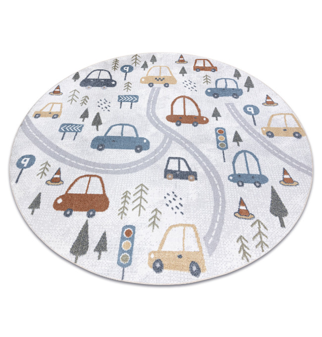 Koberec BONO 8436 auta / uličky, krémový / světle šedý, kruh