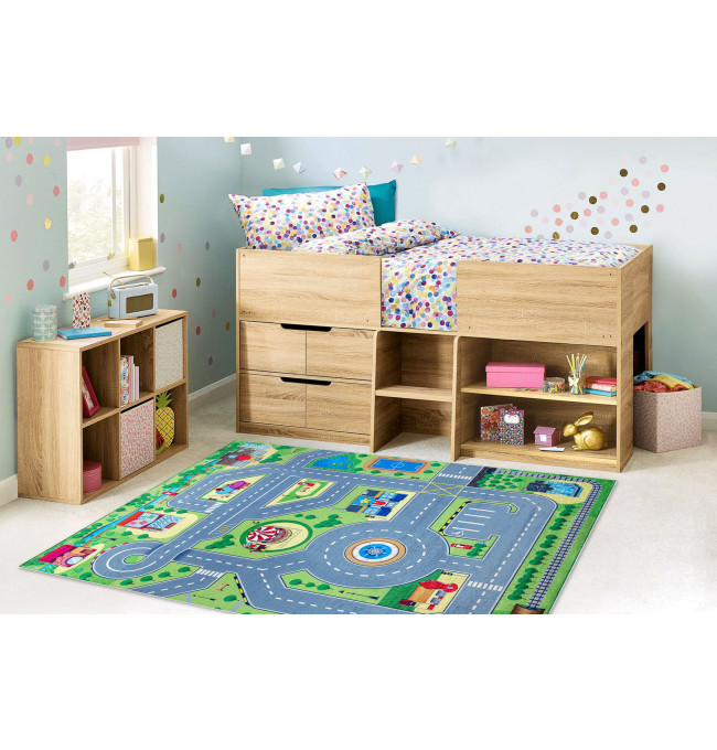 Dětský koberec protiskluzový BAMBINO 9028 město, zelený / šedý
