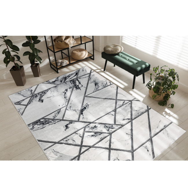 Koberec EMERALD exkluzivní 0085 glamour, styl marmur, geometrický bílý / stříbrný