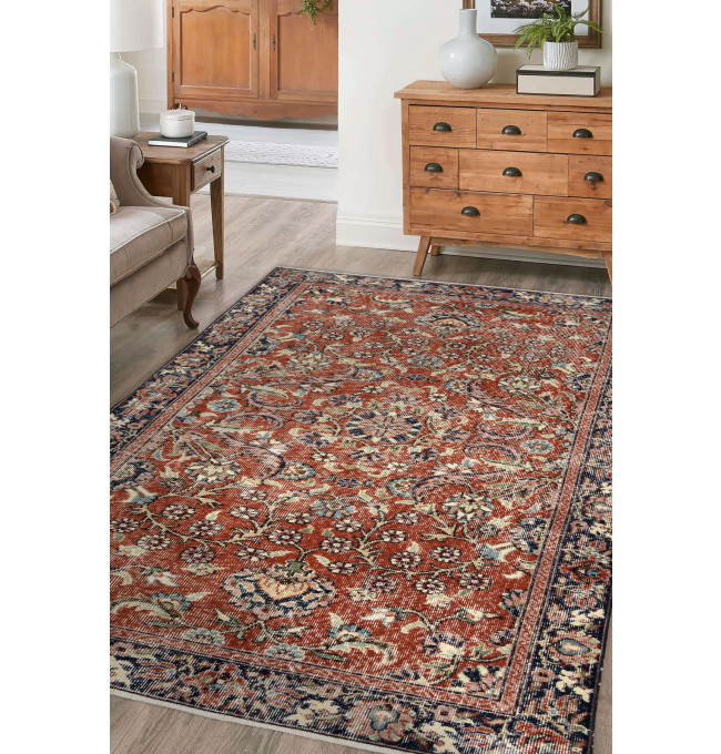 Ručně tkaný vlněný koberec Vintage 10181 rám / květiny, cihlový / zelený