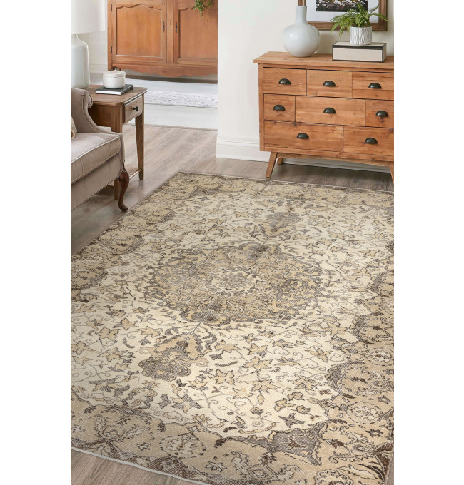 Ručně tkaný vlněný koberec Vintage 10311 rám / ornament, béžový