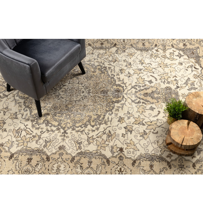 Ručně tkaný vlněný koberec Vintage 10311 rám / ornament, béžový