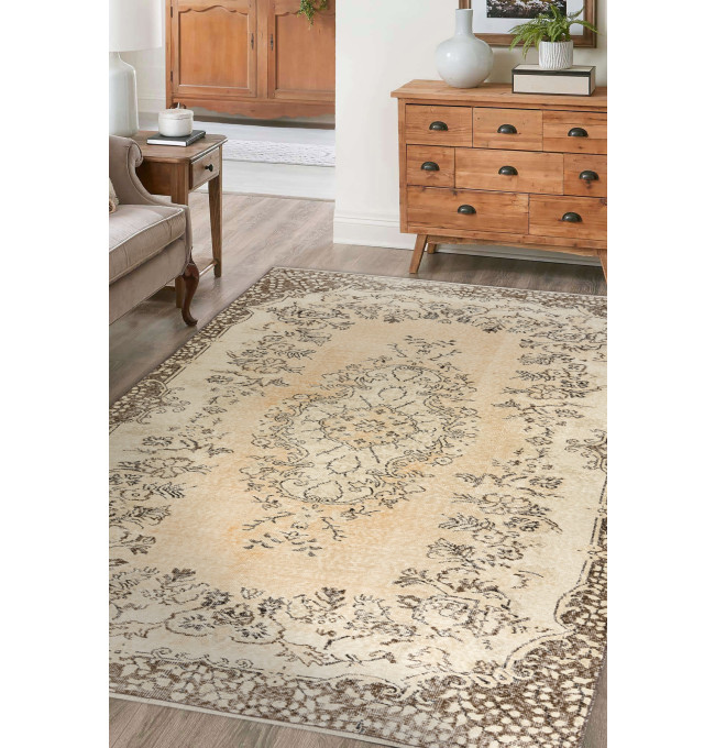 Ručně tkaný vlněný koberec Vintage 10313 ornament / květiny, béžový / zelený