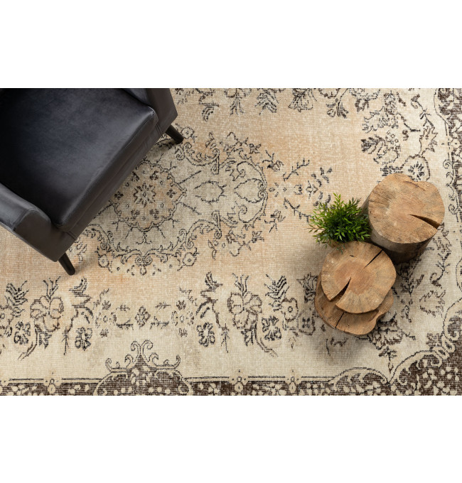 Ručně tkaný vlněný koberec Vintage 10313 ornament / květiny, béžový / zelený