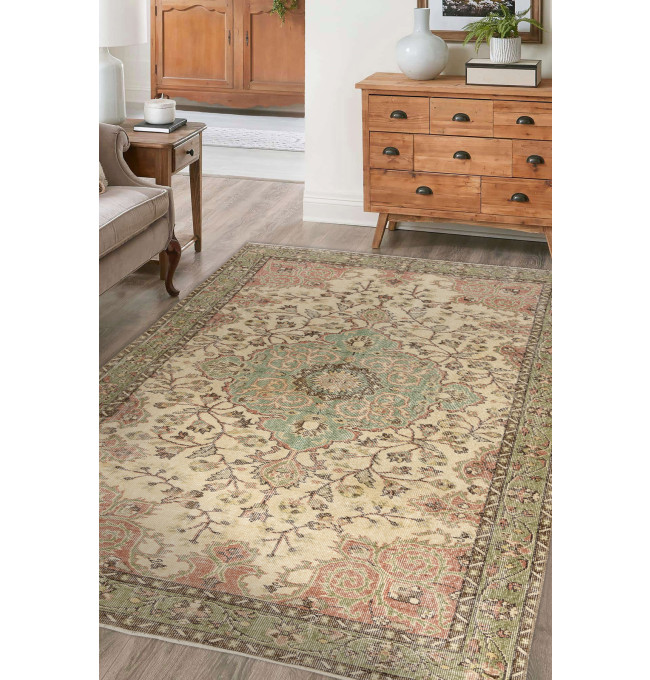 Ručně tkaný vlněný koberec Vintage 10534 ornament / květy, béžový / zelený