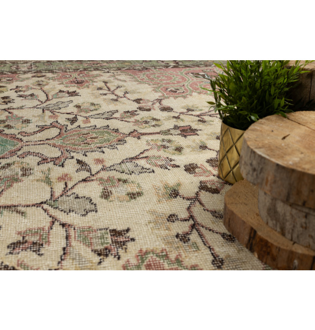 Ručně tkaný vlněný koberec Vintage 10534 ornament / květy, béžový / zelený