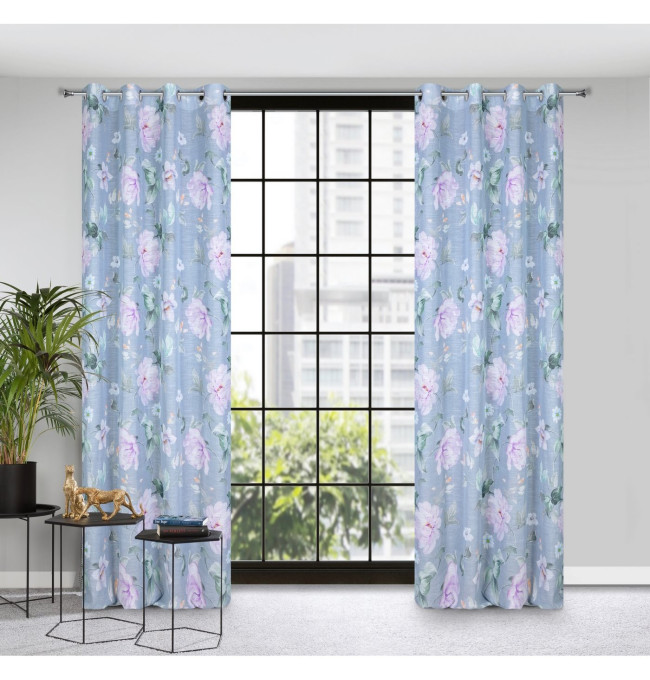 Hotový závěs FLORA stříbrný / fialový - na průchodkách