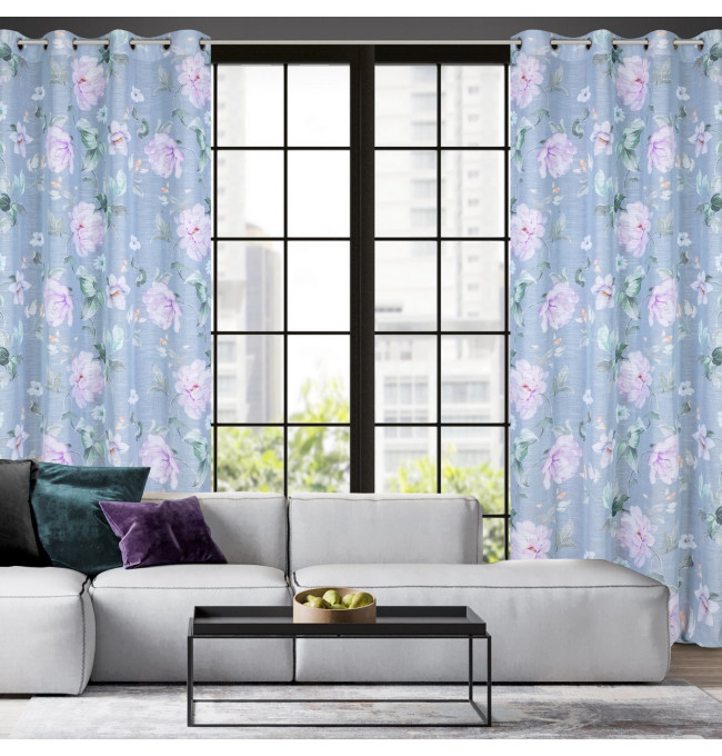 Hotový závěs FLORA stříbrný / fialový - na průchodkách