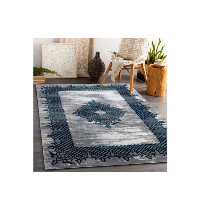 Koberec CORE W9797 Ramka, Rozeta - modrý / šedý