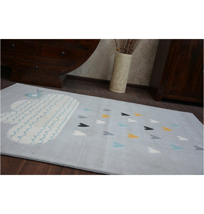 Koberec PASTEL 18409/652 - Obláček-Srdíčka-Ptáček šedý / krém / tyrkys