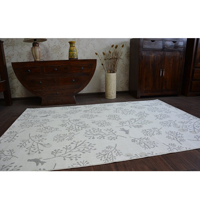 Koberec SIZAL FLAT 48774/367 Lístky ptáků krém šedý