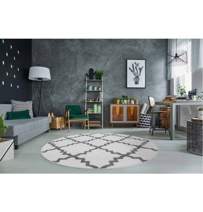 Koberec SKETCH kruh - F343 krém / šedý koniczyna marokánský trellis