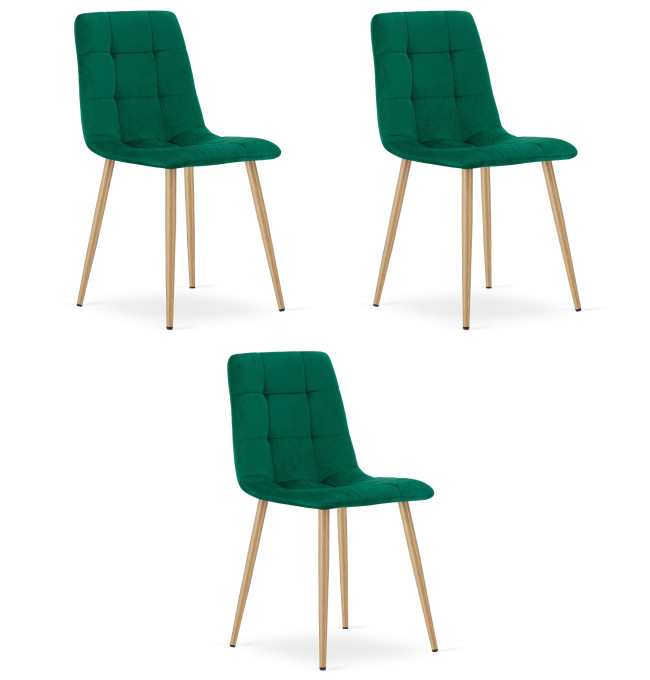 Set tří jídelních židlí KARA sametové, tmavě zelené / hnědé nohy (3 ks)