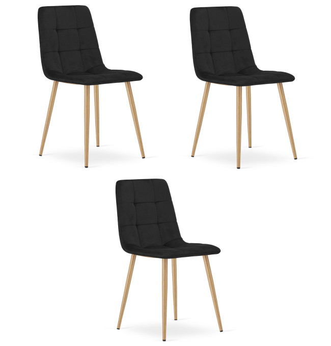 Set tří jídelních židlí KARA sametové, černé / hnědé nohy (3 ks)