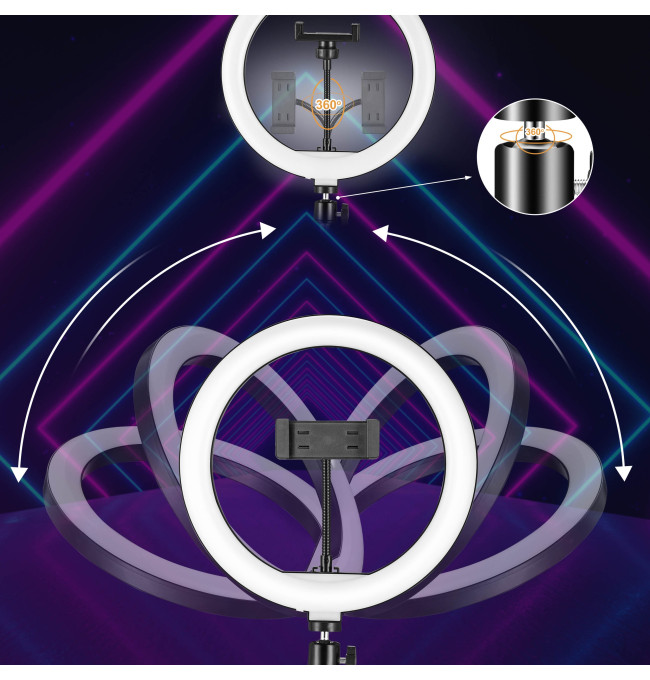 Selfie tyč RIVONI LED RGB s kruhovým světlem a stativem