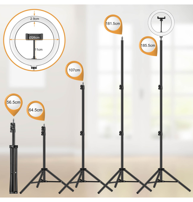 Selfie tyč RIVONI LED RGB s kruhovým světlem a stativem