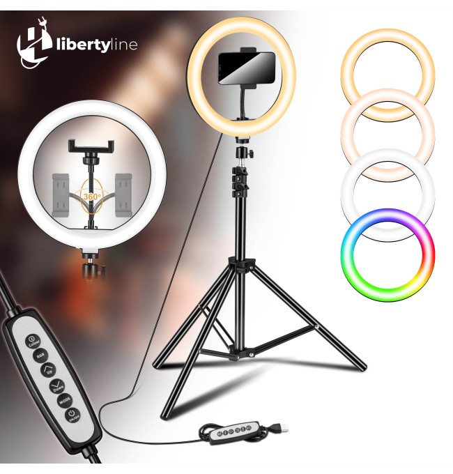Selfie tyč RIVONI LED RGB s kruhovým světlem a stativem