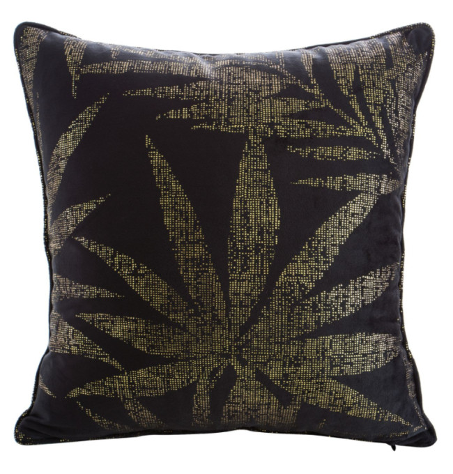 Měkký sametový povlak na polštář se zlatým potiskem listů - černý