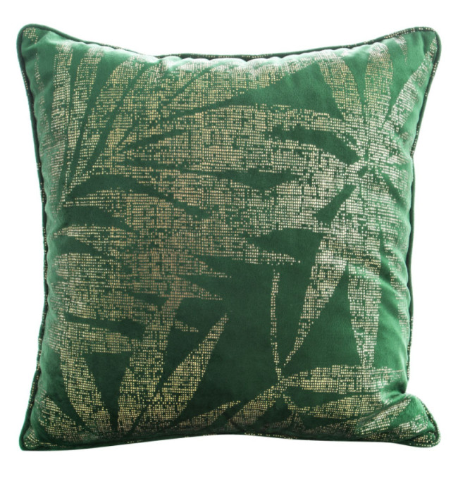 Měkký sametový povlak na polštář se zlatým potiskem listů - zelený