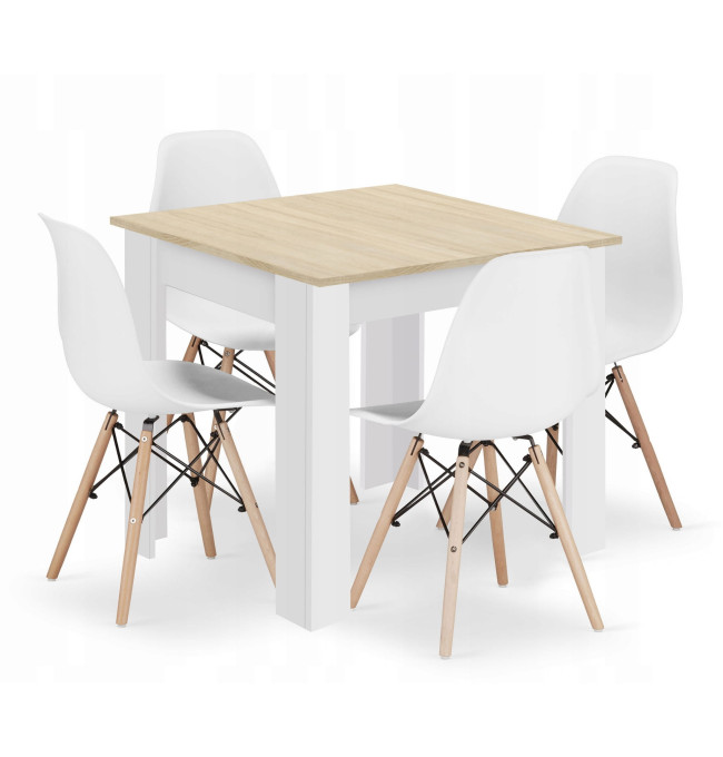 Jídelní čtvercový stůl dub sonoma / bílý se čtyřmi židlemi OSAKA bílé / hnědé